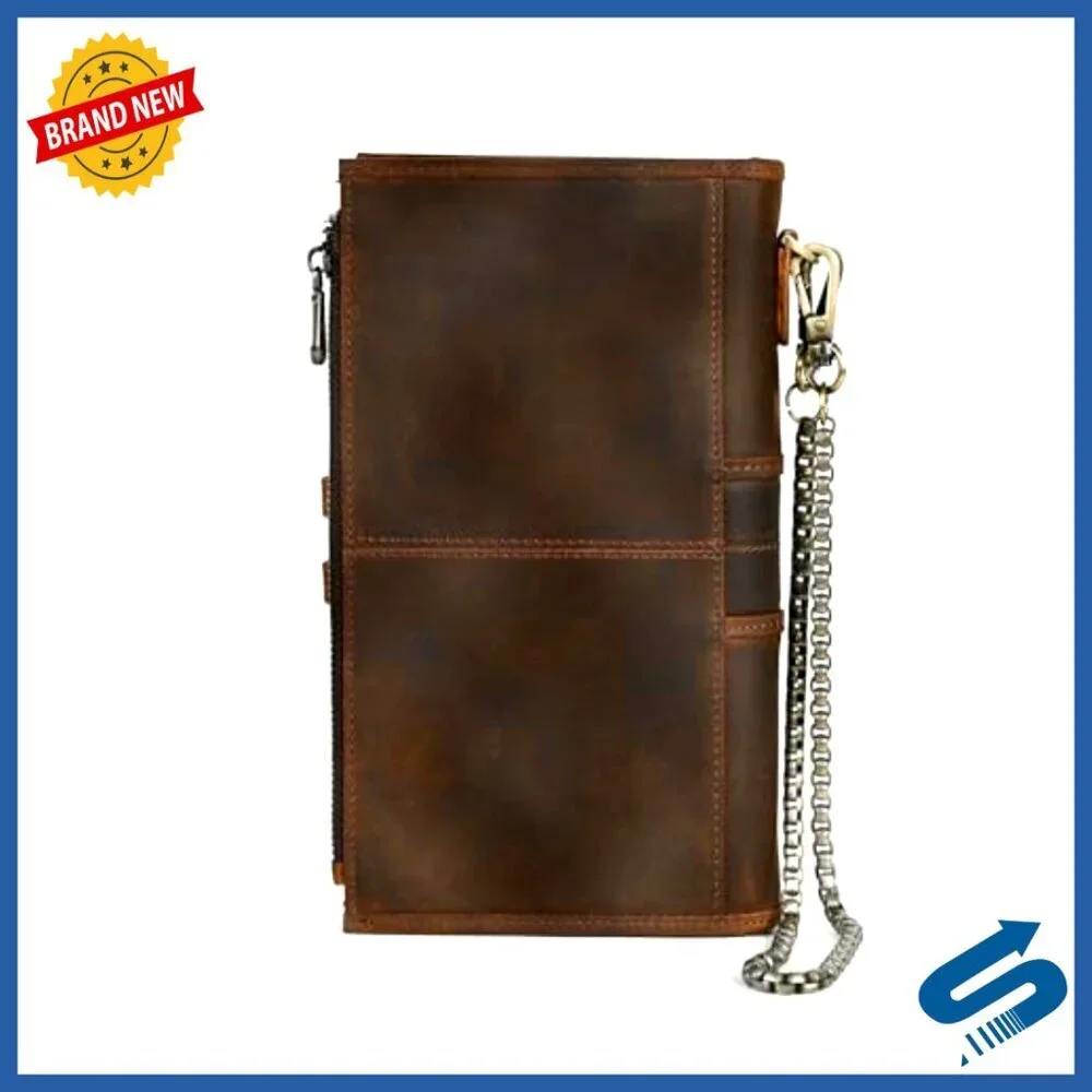 Genuine Crazy Horse Leather RFID Blocking Wallet with Chain and Zipper Pocket